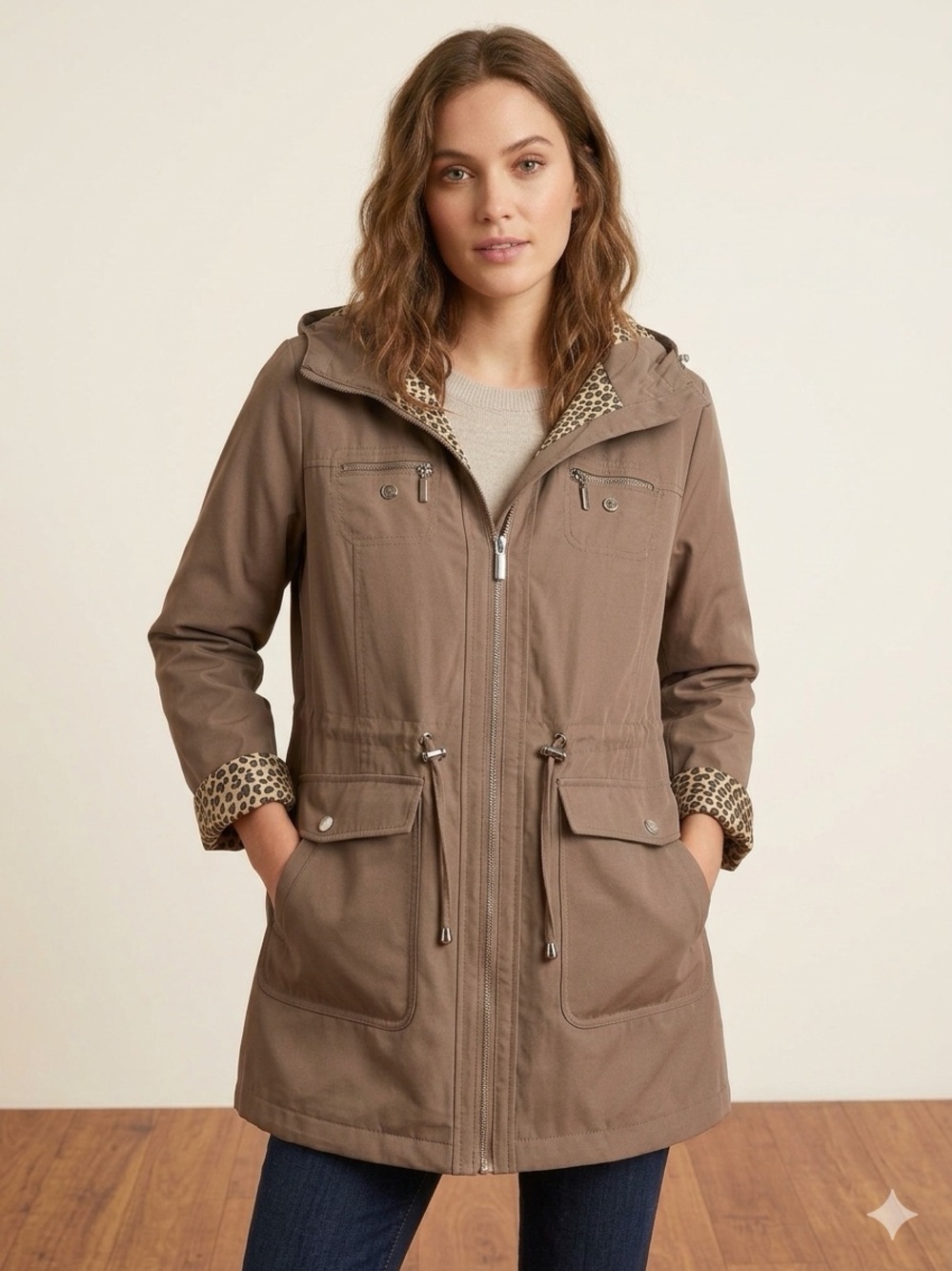 Liz Claiborne Taupe Utility Jacket with Leopard-Print Trim